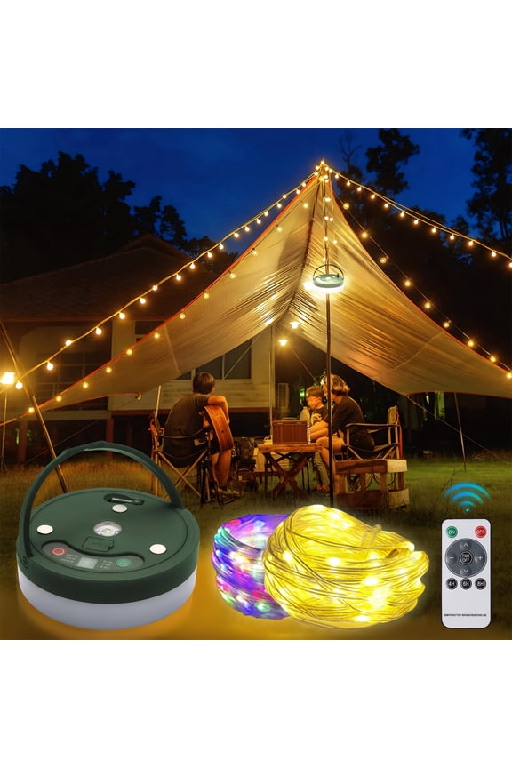 Camping Lights, Outdoor Camping String Lights with 9 Lighting Modes, 32.8FT USB Rechargeable with Remote Control, IPX4 Waterproof Portable Warm Lights for Tent, Yard, Hiking & Decoration
