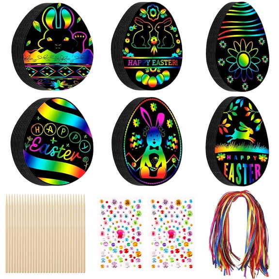 CandWuom 60 PCS Easter Egg Scratch Card for Kids, Rainbow Magic Scratch Art Paper Easter Crafts for Kids Gifts School Classroom Activities Project Party Favors Supplies Basket Fillers
