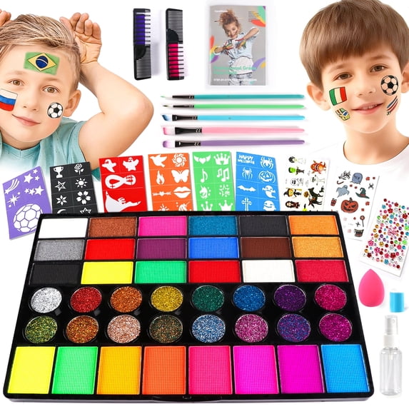 CandWuom Face Painting Kit – 42 Colors Water Activated Face Paint Set, Professional Kit with Brushes, Stencils & Gems for Halloween, Party, Festival & Cosplay