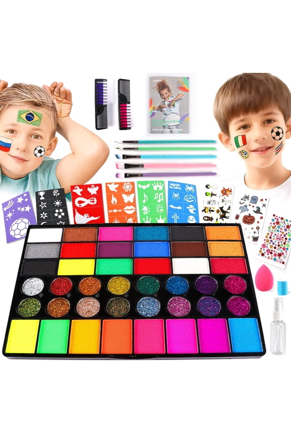 Face Painting Kit  42 Colors Water Activated Face Paint Set, Professional Kit with Brushes, Stencils & Gems for Halloween, Party, Festival & Cosplay
