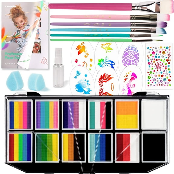 CandWuom Face Painting Kit for Kids, Rainbow Split Cake Face Paint Makeup Palette with Brushes Sponges Sprayer Stencils Gems