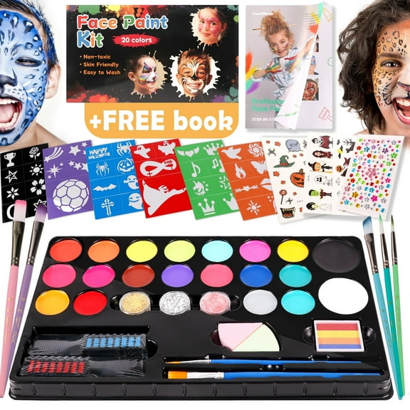CandWuom Face Painting Kit for Kids 20 Colors Water Based Body Face Paint Kit Includes Hair Chalks Comb, Brushes, Stencils, Professional Face Paint Kit