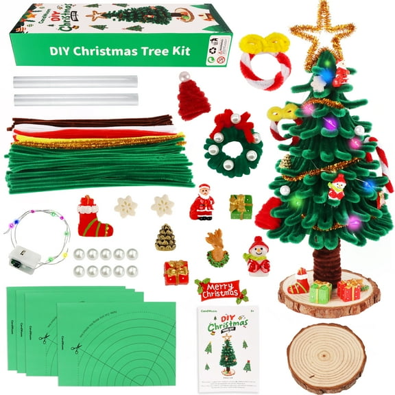 CandWuom Christmas Craft for Kids - DIY Mini Christmas Tree with Lights, Pipe Cleaners for Crafts Set for Kid Xmas Gift