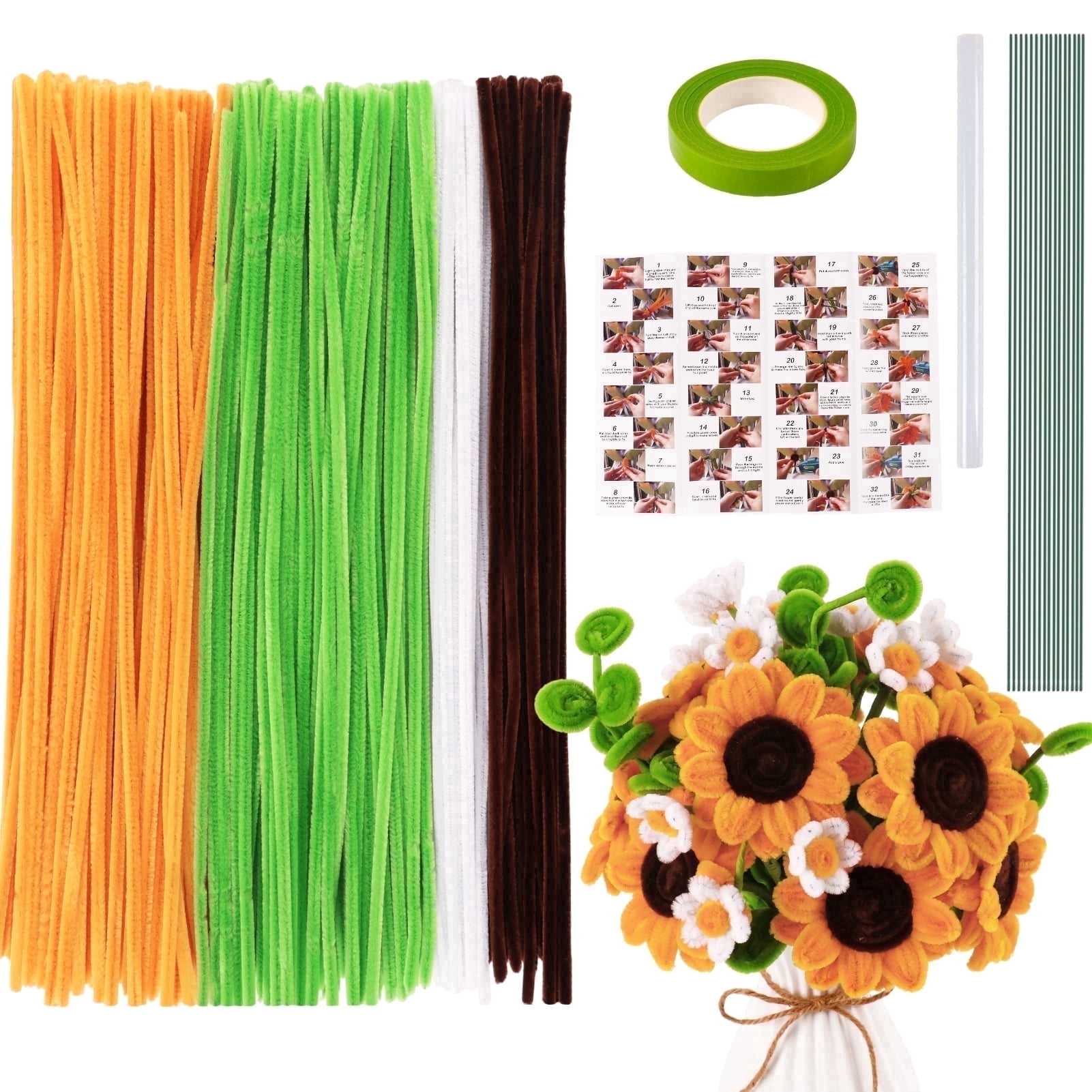 CandWuom Yellow Green Pipe Cleaners Flower Kit for Graduation Gifts, Chenille Stems for Pipe Cleaner Sunflowers Bouquets Making