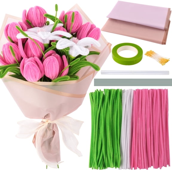 CandWuom Pipe Cleaners Flower Kit, Pipe Cleaner Flower Craft Bulk for DIY Tulips/ Lilies Making with Step-by-Step Tutorials, Romantic Forever Flower Gift for Wife Girlfriend on Valentine's Day