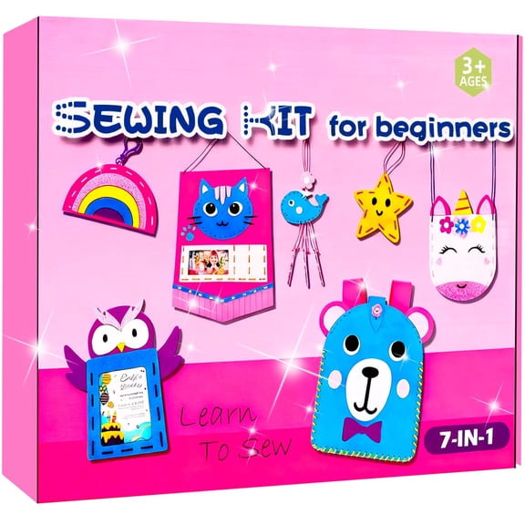 CandWuom Sewing Kit for Kids Arts & Crafts, Sewing Bag Kits for Beginners 7 Easy DIY Handbag Pouch Unicorn Projects, Learn to Sew & Felt Embroidery, Gift for Girls 3+