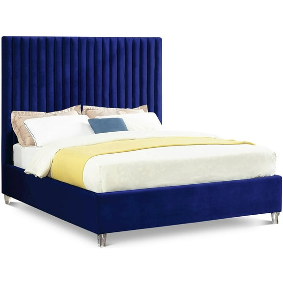 Candace Navy Velvet Queen Bed-Color:Navy Velvet,Style:Contemporary