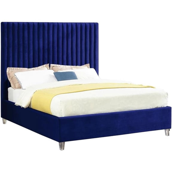Candace Navy Velvet Queen Bed-Color:Navy Velvet,Style:Contemporary