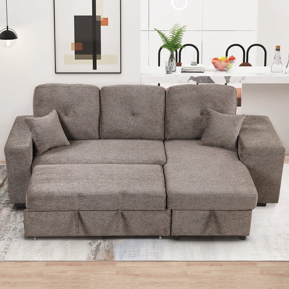 Canddidliike 104" Reversible L-Shape 3 Seat Sectional Couch, Pull Out Sleeper Sofa with Storage Chaise and 2 Stools for Living Room Furniture Set, Brown