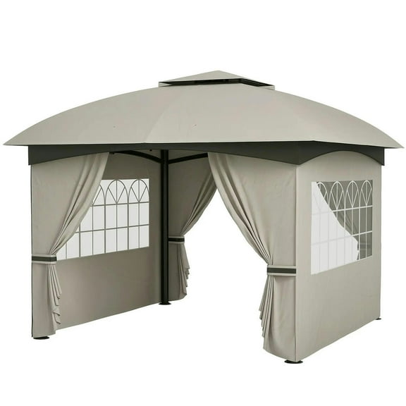 Canddidliike 11' x 11' Double Roof Patio Shade, Shade with Curtains, Church Windows, Galvanized Steel Frame, Light Gray
