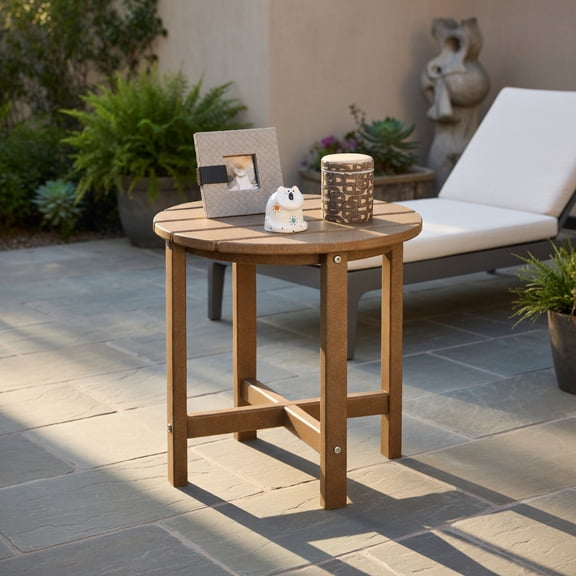 Spaco 18 Inch Round Weather-Resistant Adirondack Side Table, Outdoor Coffee Side End Table for Outside Patio Storage, Brown