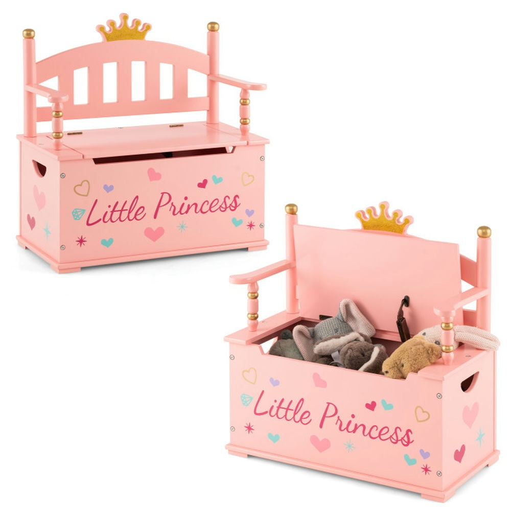 Canddidliike 2-In-1 Kids Princess Wooden Toy Box with Safe Hinged Lid-Pink, Toy Storage Organizer for Kids, Boys, Girls, Nursery