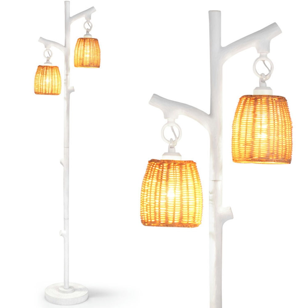 White Faux Wood Adjustable Floor Lamp with Wicker Shades