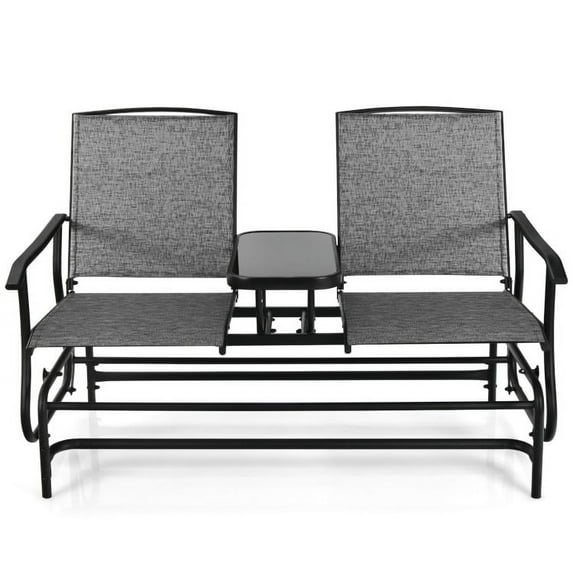 Canddidliike 2-Person Double Rocking Loveseat, Outdoor Patio Furniture Set with Mesh Fabric and Center Tempered Glass Table-Gray