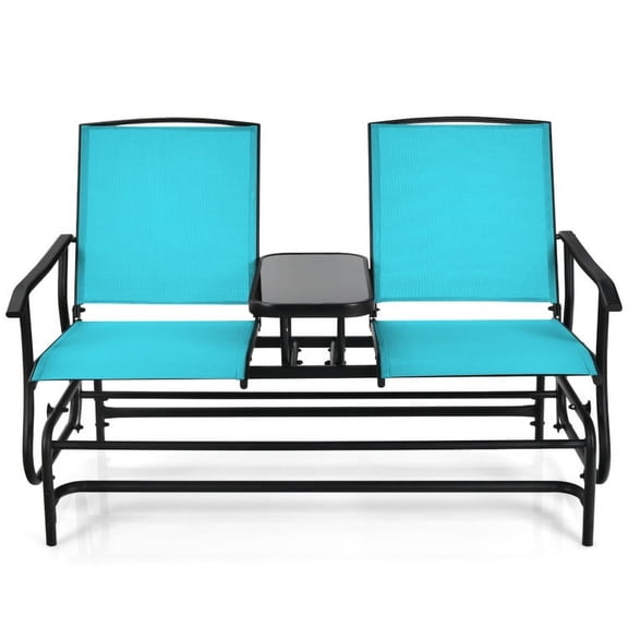 Canddidliike 2-Person Double Rocking Loveseat, Outdoor Patio Furniture Set with Mesh Fabric and Center Tempered Glass Table-Turquoise