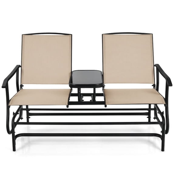 Canddidliike 2-Person Double Rocking Loveseat, Outdoor Patio Furniture Set with Mesh Fabric and Center Tempered Glass Table