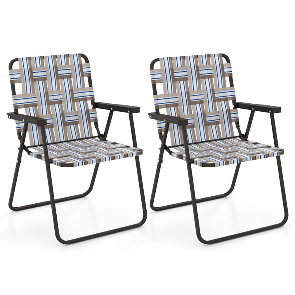Canddidliike 2 Pieces Folding Beach Chair Camping Lawn Webbing Chair-Cofee, Folding Aluminum Webbed Lawn Chairs with Detachable Cup Holder