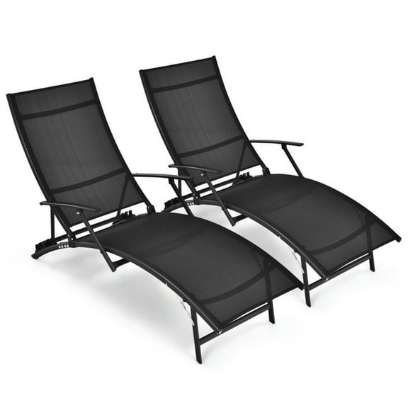 Canddidliike 2 Pieces Patio Folding Stackable Lounge Chair Chaise with 5-Level Adjustable Backrest, Stackable Lounge Chair with Anti-Slip Foot Pads, Chaise Lounge Chairs for Outdoor, Black