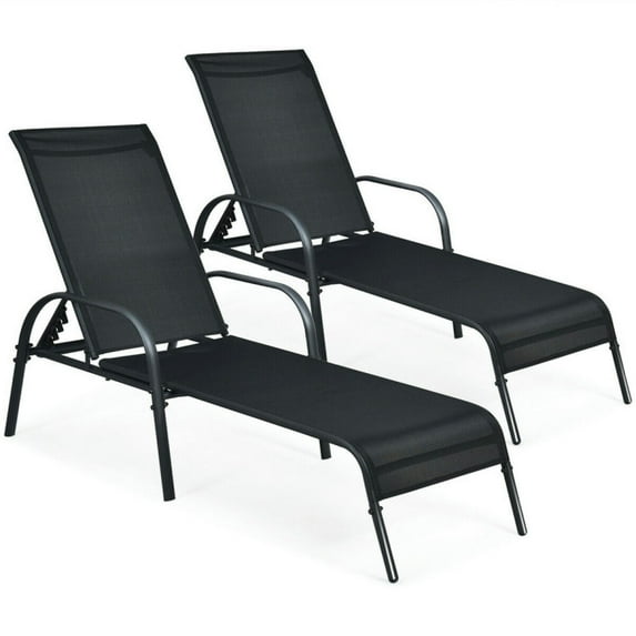 Canddidliike 2 Pieces Patio Lounge Chair Chaise Fabric with Adjustable Reclining Armrest, Lounge Chair with Heavy-Duty Powder-Coated Steel Frame, Lounge Chair for Outdoor, Black
