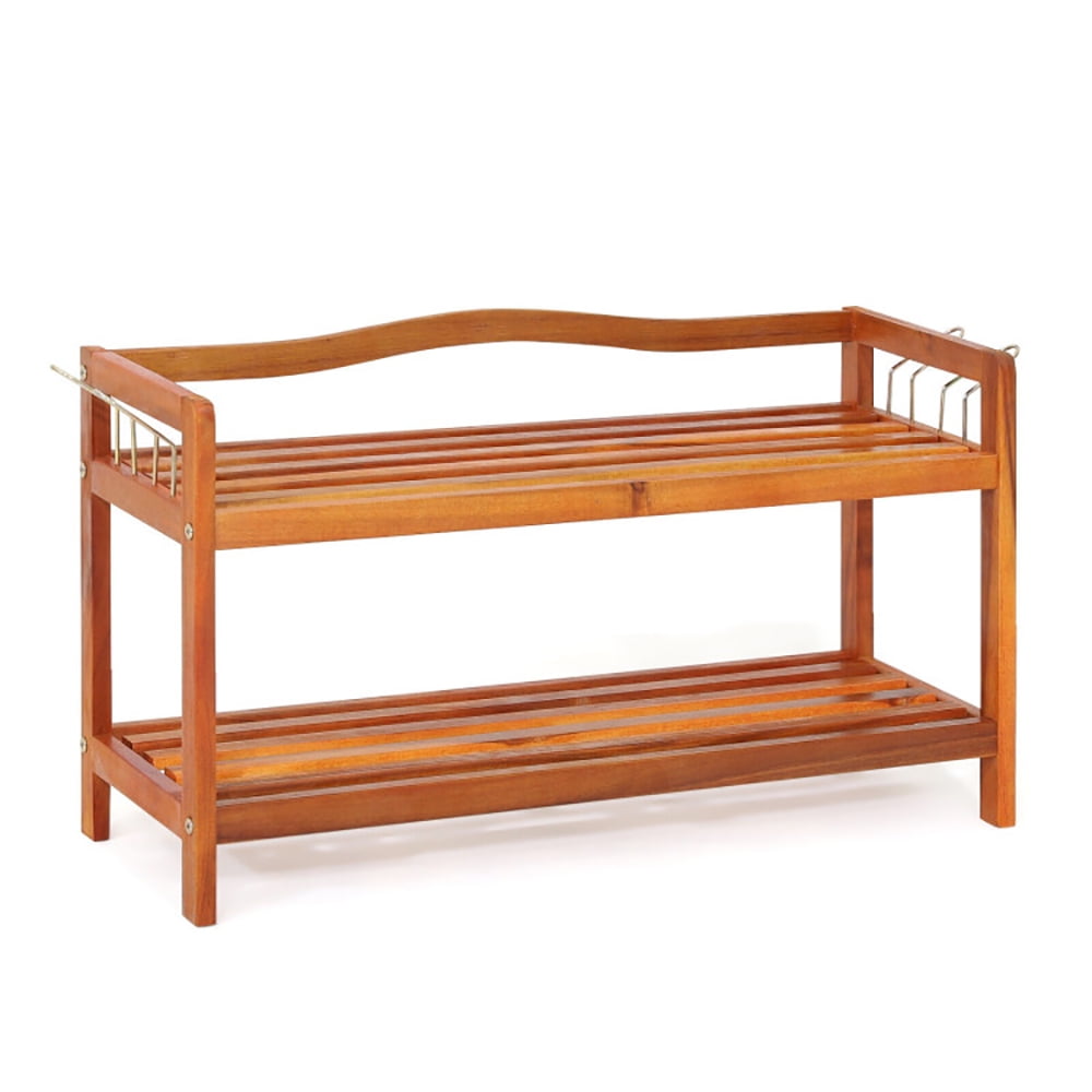 Shoepiece Rack Canddidliike 2-Tier Acacia Wood Shoe Rack with 4 Side Metal Hooks ...