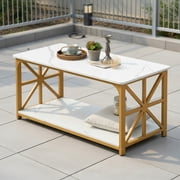 Canddidliike 2 Tier Farmhouse Coffee Table with Storage Shelf, Engineered Wood & Carbon Steel, 43" x 20" x 19", White & Gold, Rustic Brown & Black, Rustic Oak & Black