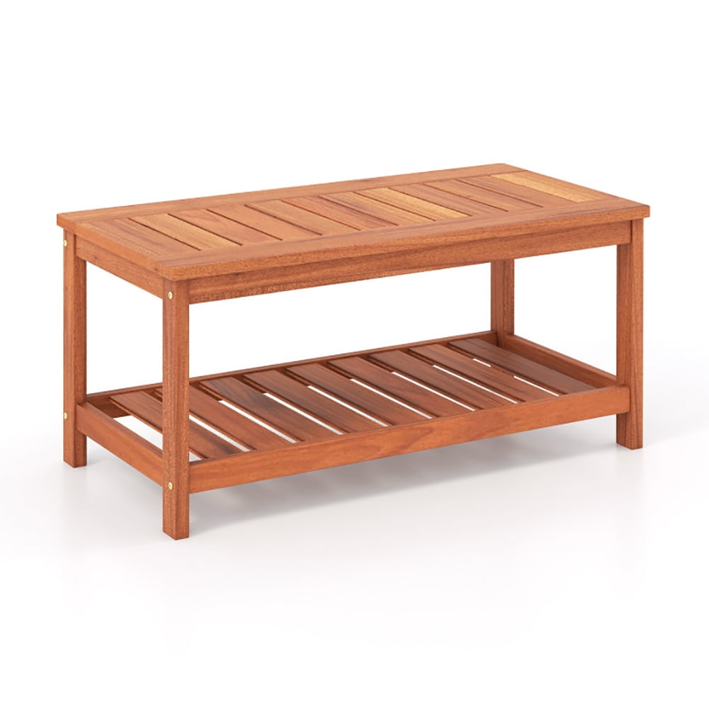 Canddidliike 2-Tier Patio Coffee Table with Slatted Tabletop and Shelf, Outdoor Coffee Side End Table for Outside Patio Storage