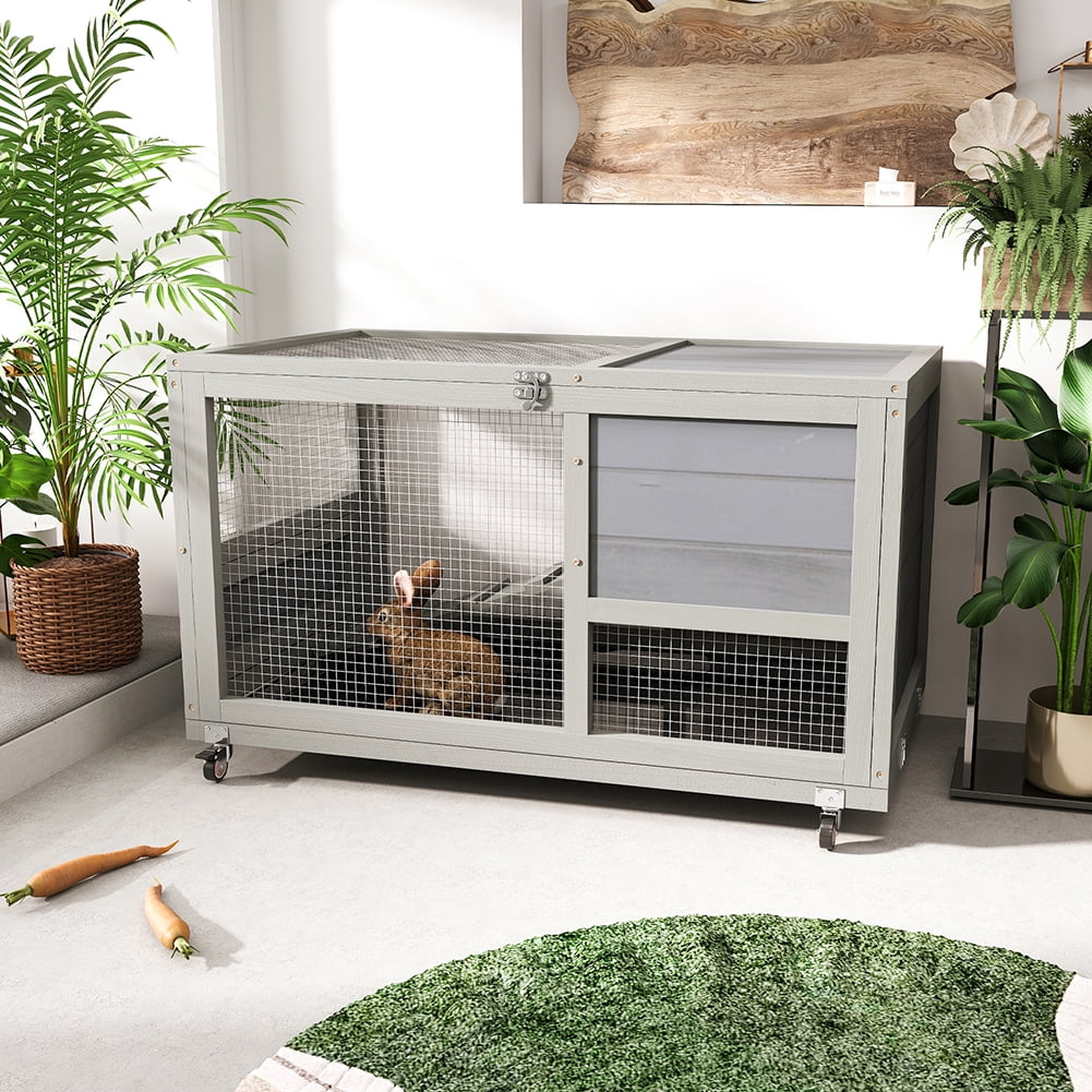 Canddidliike 2Tier Rabbit Hutch on Wheels, Wood Bunny Cage with Ramp