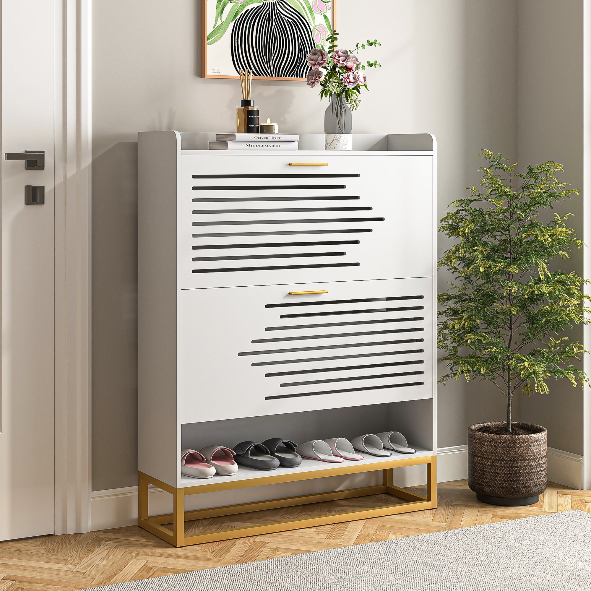 Canddidliike 2 Tiers Flip Doors Wood Shoe Cabinet Storage Organizer Holds 16 of Pairs of Shoes, White Canddidliike 2 Tiers Flip Doors Wood Shoe Cabinet Storage Organizer Holds 16 of Pairs of Shoes, White