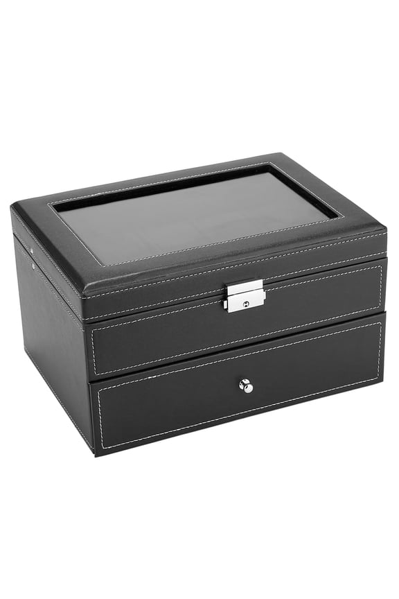 20-Slot Lockable Watch Storage Box with Glass Top for Watch Display - Black