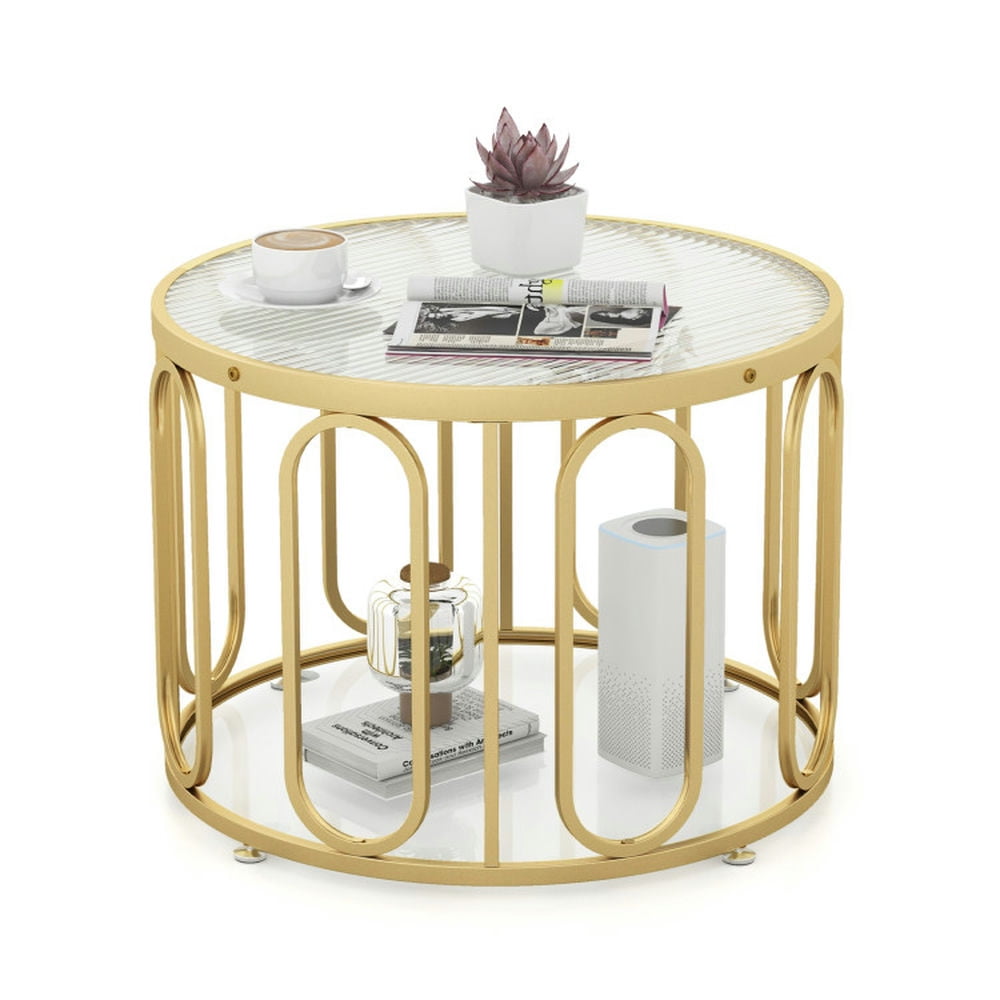 Canddidliike 24 Inch Round Coffee Table with Reeded Tempered Glass Top and Oval Swivel Brackets ...