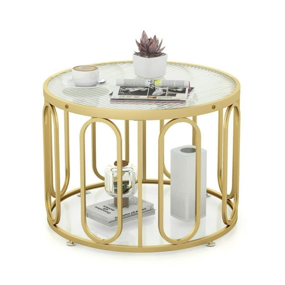Canddidliike 24 Inch Round Coffee Table with Reeded Tempered Glass Top and Oval Swivel Brackets-Golden, Tea Table