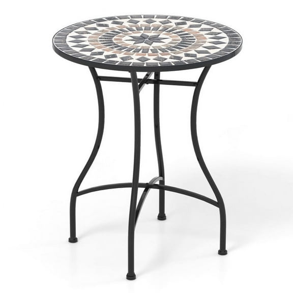 Canddidliike 24" Metal Mosaic Design Round Outdoor Bistro Table with Ceramic Tile and Tabletop-C