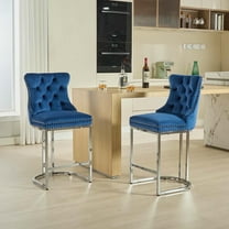 Canddidliike 25" Counter Height Bar Stools Set of 2, Modern Velvet Barstools with Button Back, Upholstered Kitchen Island Chairs with Sturdy Chromed Metal Base Legs, Farmhouse Bar Stools, Blue