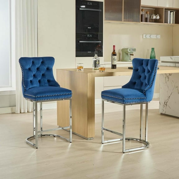 Canddidliike 25" Counter Height Bar Stools Set of 2, Modern Velvet Barstools with Button Back, Upholstered Kitchen Island Chairs with Sturdy Chromed Metal Base Legs, Farmhouse Bar Stools, Blue