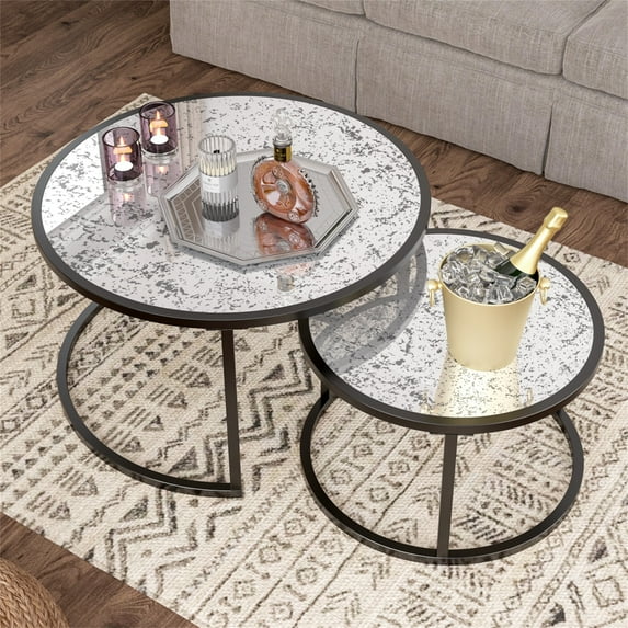 Canddidliike 2PCS Modern Round Nesting Coffee Table Metal Frame & Glass Top - Black
