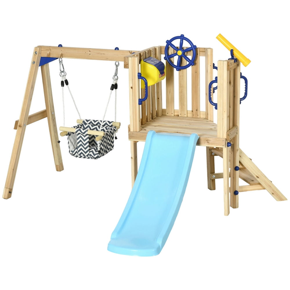 Canddidliike 3 in 1 Wooden Swing Set Outdoor Playset with Baby Swing Seat, Captain's Wheel, Telescope, Kids Backyard Playground Equipment, Kids Slide for Ages 1.5-4