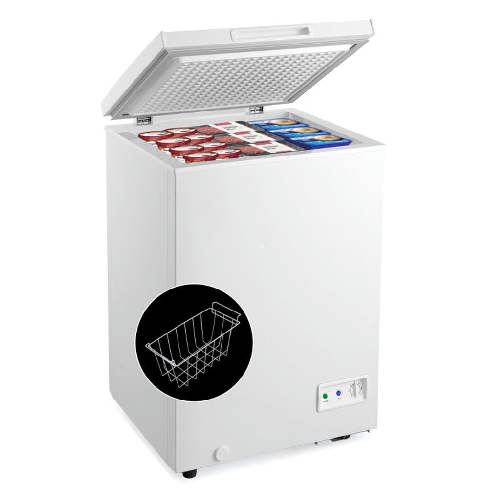 Canddidliike 3.5 Cubic Feet Compact Chest Freezer with 2 Rolling Wheels, Upright Chest Freezer with Removable Storage Basket, Freestanding Chest Freezer for Indoor, White