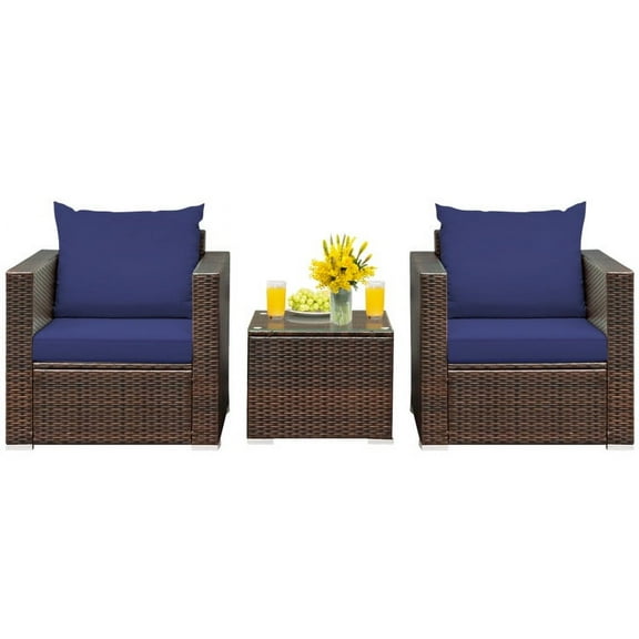 Canddidliike 3 Pcs Patio Conversation Rattan Furniture Set, Outdoor Furniture Garden Conversation Bistro Sets with Coffee Table and Cushions-Blue