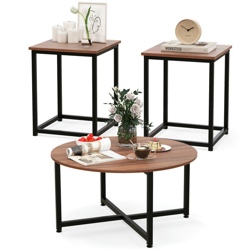 Canddidliike 3-Piece Coffee Table Set, Round Coffee Table and 2PCS Square End Tables, Walnut and Black Canddidliike 3-Piece Coffee Table Set, Round Coffee Table and 2PCS Square End Tables, Walnut and Black