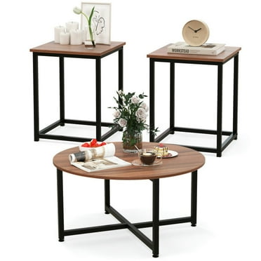 Canddidliike 3-Piece Coffee Table Set, Round Coffee Table and 2PCS Square End Tables, Walnut and Black