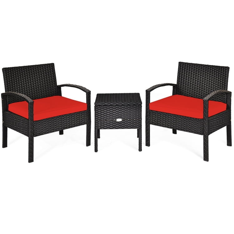 Red Cushioned Black Rattan 2-Person Patio Conversation Set