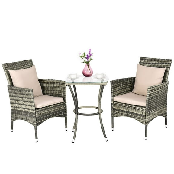 Canddidliike 3 Pieces Patio Rattan Chairs and Table Set with Cushions, Gray Rattan Furniture Set, 3-Piece Outdoor Furniture, Gray Rattan Chairs & Glass Top Table, Durable & Comfortable