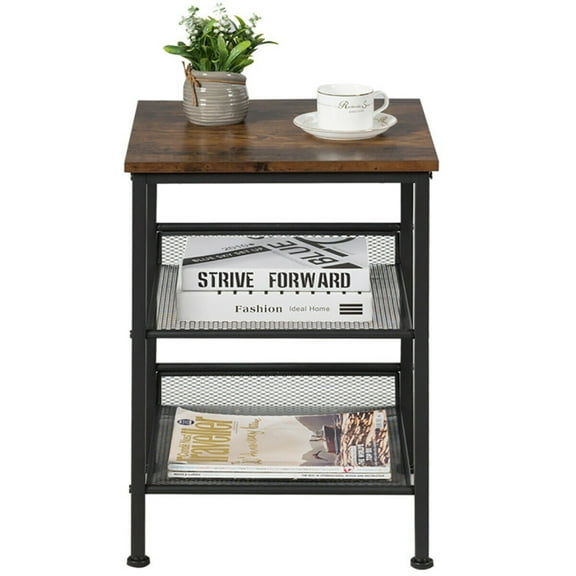 Canddidliike 3-Tier Industrial End Table with Mesh Shelves and Adjustable Shelves, Modern Nightstand, End Table for Bedroom Living Room