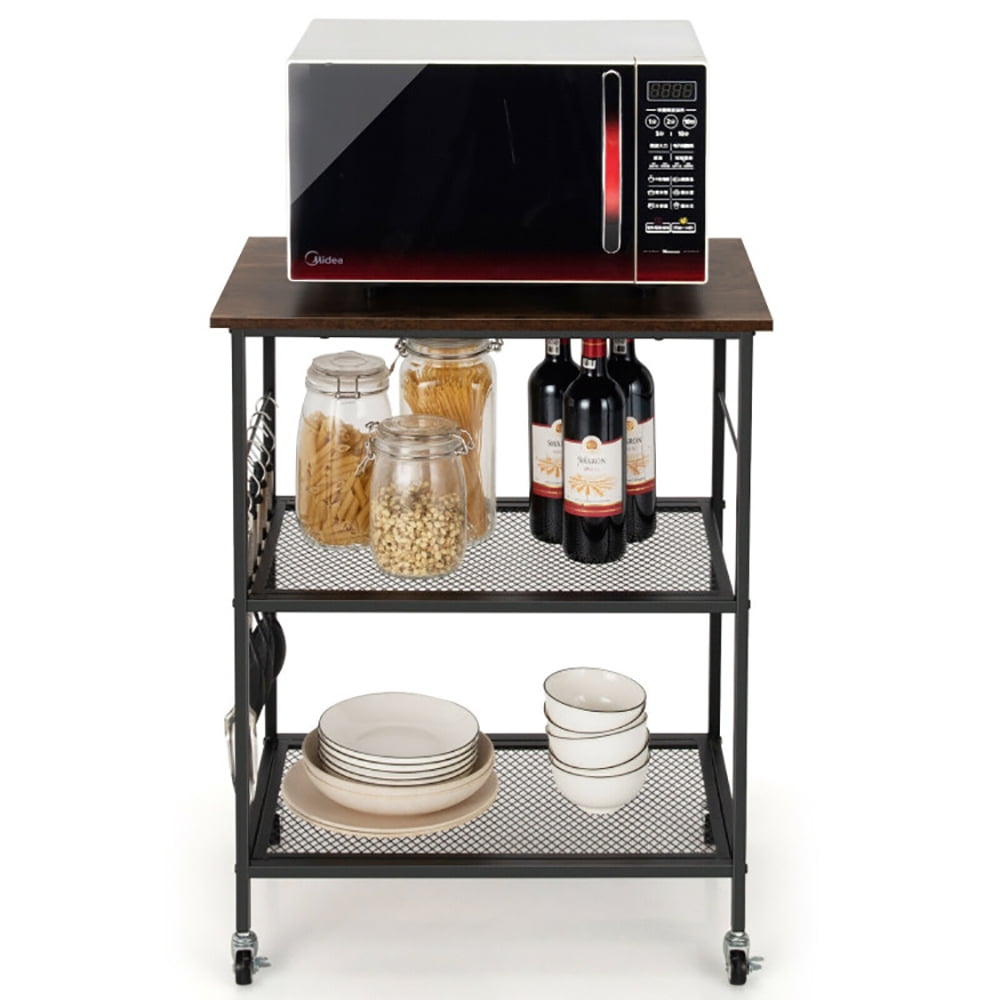 Canddidliike 3-Tier Kitchen Serving Cart Utility Standing Microwave Rack with Hooks Brown, Bakers Rack Kitchen Storage Shelf