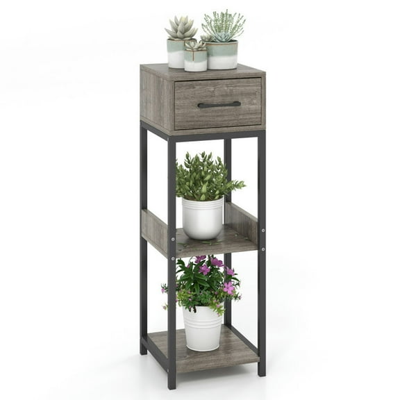 Canddidliike 3 Tier Tall Plant Stand with Drawer Anti-tipping Devices-Gray, End Table