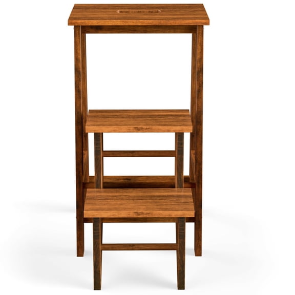 Canddidliike 3-in-1 Rubber Wood 3 Tier Folding Step Stool Ladder Storage Shelf-Coffee, 3 Step Ladder, Lightweight Portable Folding Sturdy Steel Step Stool