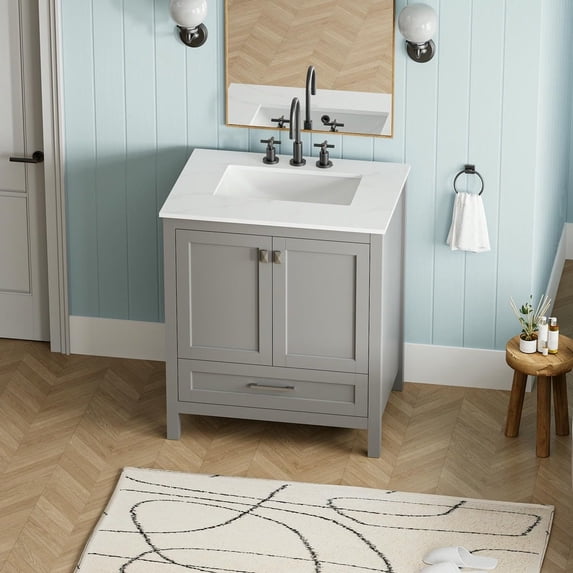 Canddidliike 30" Freestanding Bathroom Vanity with Sink, Carrara Engineered Marble Vanity Top with Under-mounted Rectangular Ceramic Sink and Solid Wood Frame, Gray