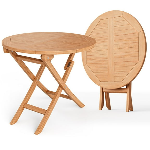 Canddidliike 31.5 Inch Folding Patio Teak Wood Round Coffee Table, Outdoor Coffee Side End Table for Outside Patio Storage