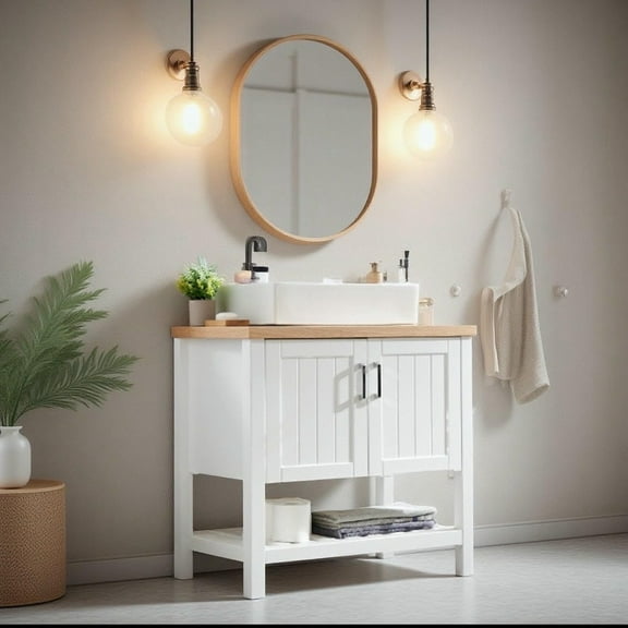 Canddidliike 32" Bathroom Vanity with Sink,Single Bathroom Vanities Cabinet with Doors and Open Shelf,Solid Wood Small Vanity with Sink Set for Indoor as Bathroom, White+Natural