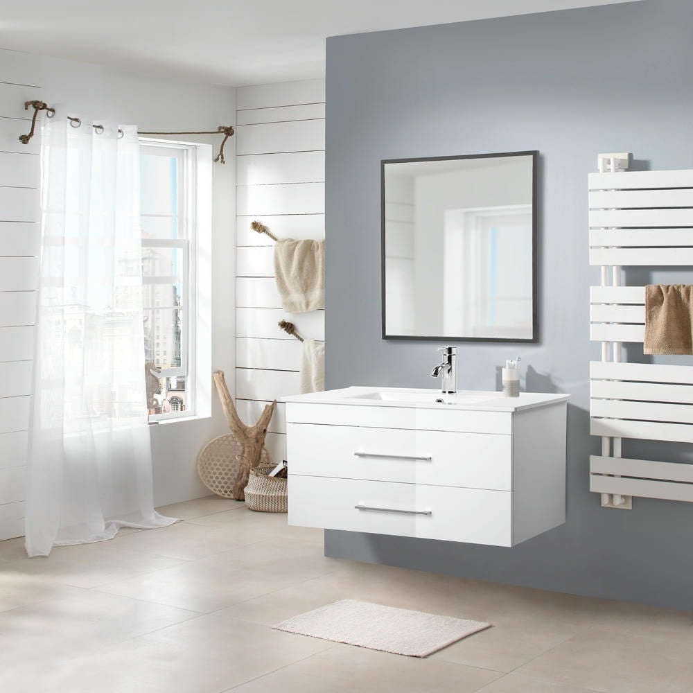 Canddidliike 32-Inch White Gloss Wall-Mounted Bathroom Vanity with Double Drawers, Soft-Close System, Modern and Minimalist Vanity with Ceramic Sink for Indoor, White